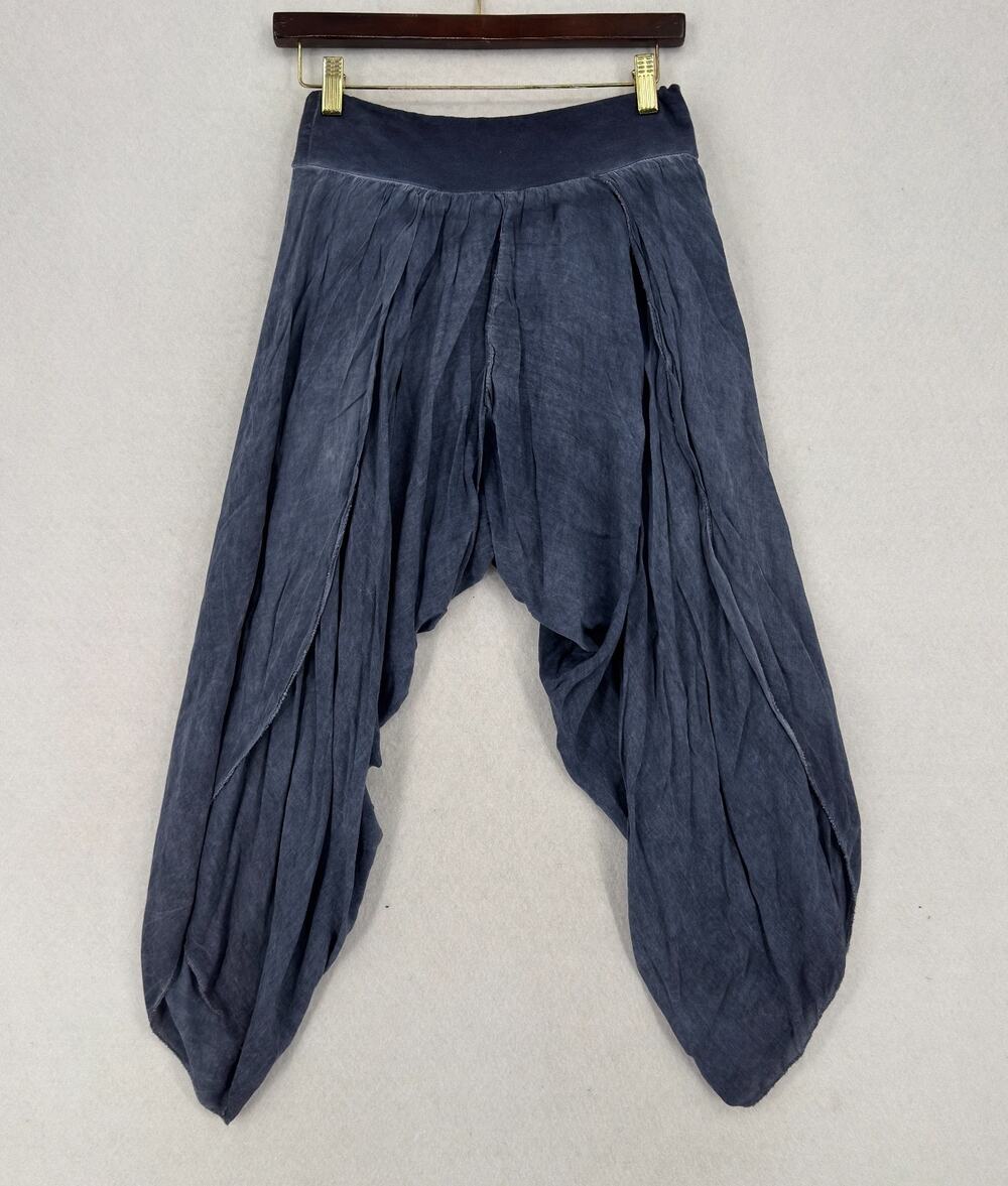 Made in Italy Lagenlook Blue Acid Wash Asymmetric Draped Harem Pants